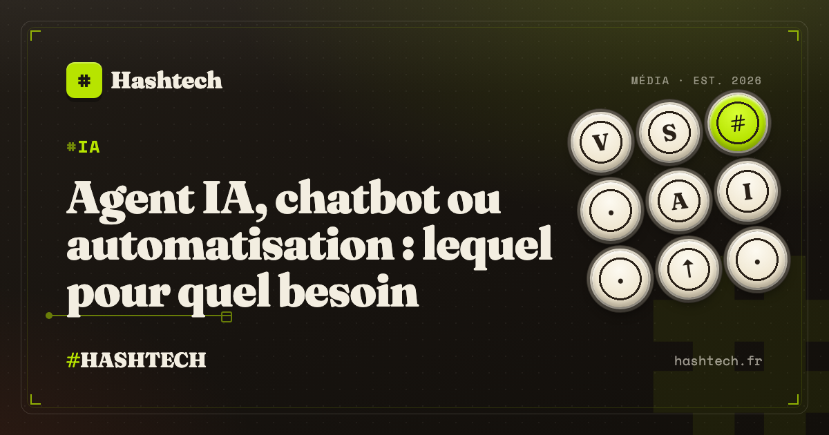 Illustration editoriale Hashtech : agent IA, chatbot ou automatisation, touches de clavier retro et symbole diese lime
