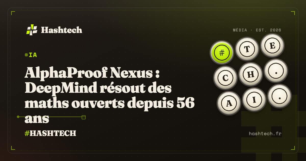 Illustration editoriale Hashtech : formule mathématique sur fond rétro-tech crème, symbole DeepMind et language Lean, clavier vintage lime