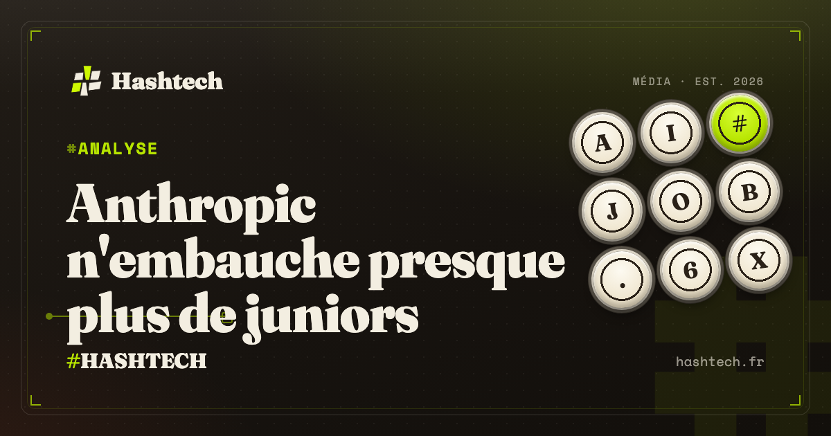 Illustration editoriale Hashtech : graphe chute embauches juniors Anthropic, fond retro-tech sombre grille lime