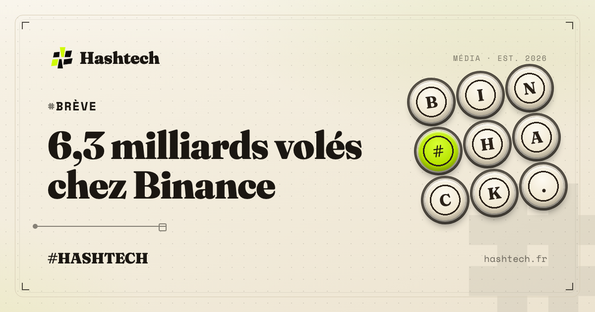 Illustration editoriale Hashtech : Binance, hack crypto record 6,3 milliards, hackers nord-coreens, fond retro-tech