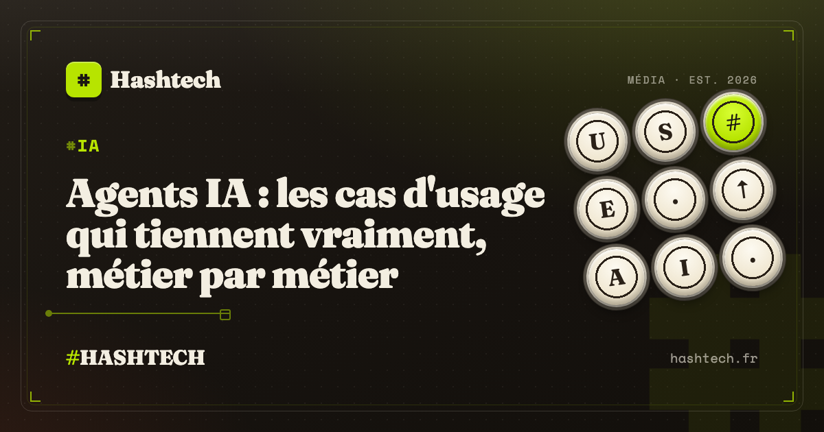 Illustration editoriale Hashtech : cas d'usage des agents IA par metier, touches de clavier retro et symbole diese lime