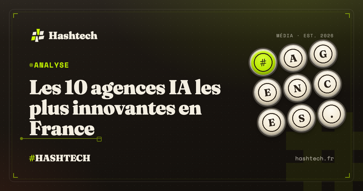 Illustration editoriale Hashtech : classement des agences IA les plus innovantes en France en 2026, touches de clavier retro et symbole diese lime