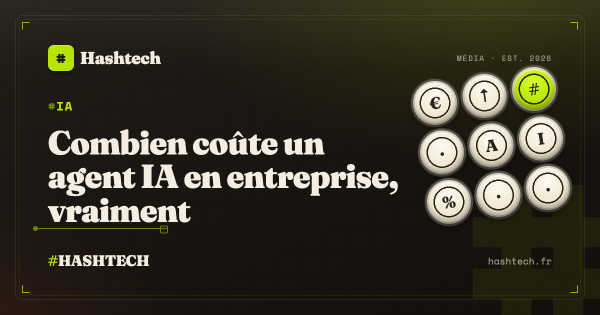 Illustration editoriale Hashtech : cout d'un agent IA en entreprise, touches de clavier retro et symbole diese lime