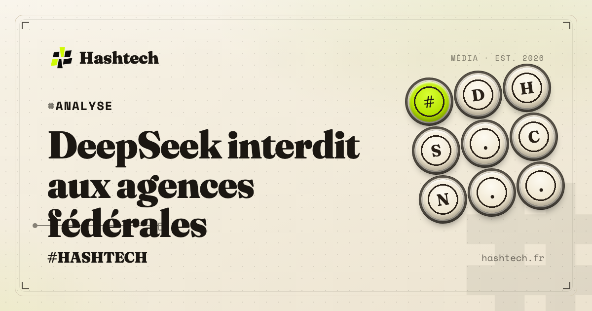Illustration editoriale Hashtech : interdiction de DeepSeek dans les agences federales americaines par le DHS, fond retro-tech sombre grille lime