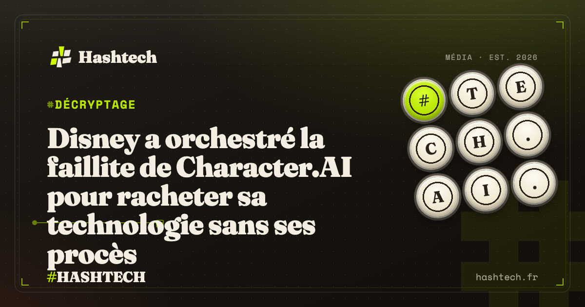 Illustration editoriale Hashtech : Disney rachète les actifs de Character.AI via faillite pour éviter les procès, fond retro-tech sombre grille lime
