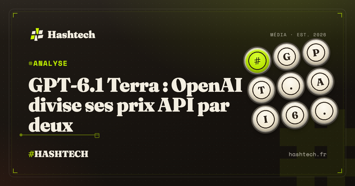 Illustration editoriale Hashtech : GPT-6.1 Terra OpenAI, baisse prix API, competition IA, fond retro-tech