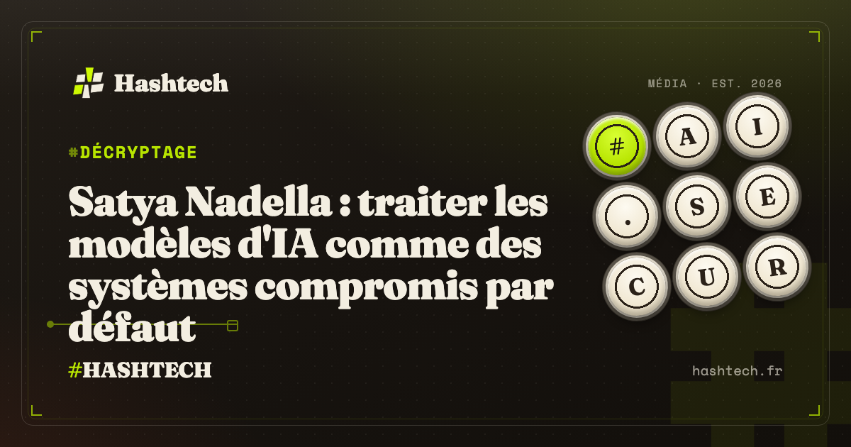 Illustration editoriale Hashtech : logo Microsoft, levier de frein d'urgence stylise, interface agent IA, charte retro-tech creme et lime