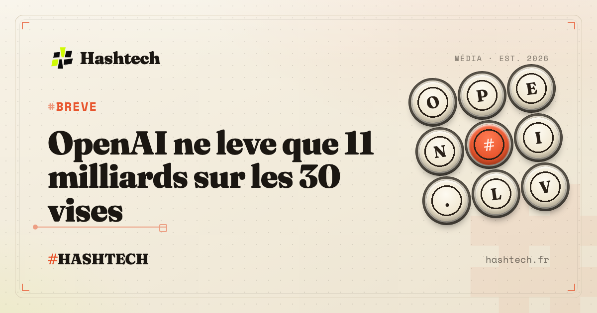 Illustration editoriale Hashtech : OpenAI levee de fonds 11 milliards dollars sur 30 milliards cibles, valorisation 1250 milliards, fond retro-tech