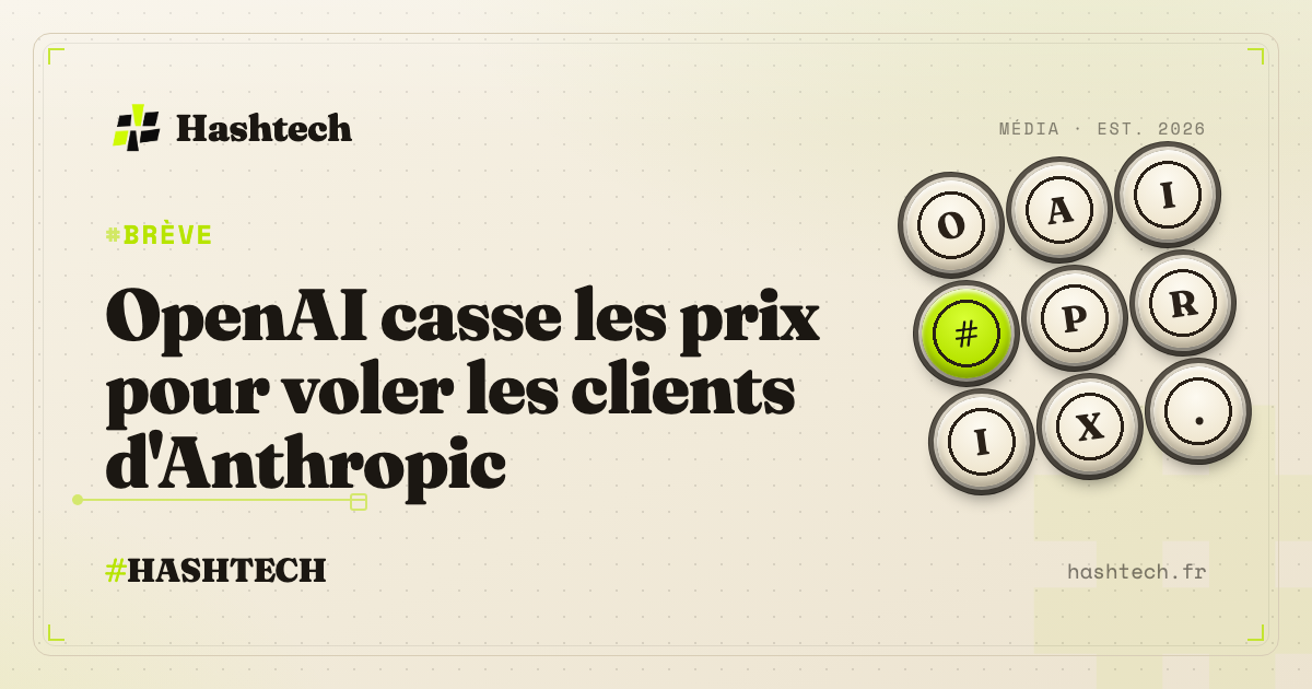 Illustration editoriale Hashtech : guerre des prix IA, OpenAI vs Anthropic, fond retro-tech