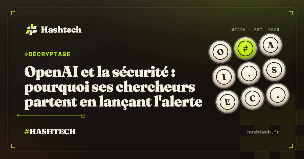 Illustration editoriale Hashtech : chercheurs en securite quittant OpenAI avec avertissements publics, laboratoire IA