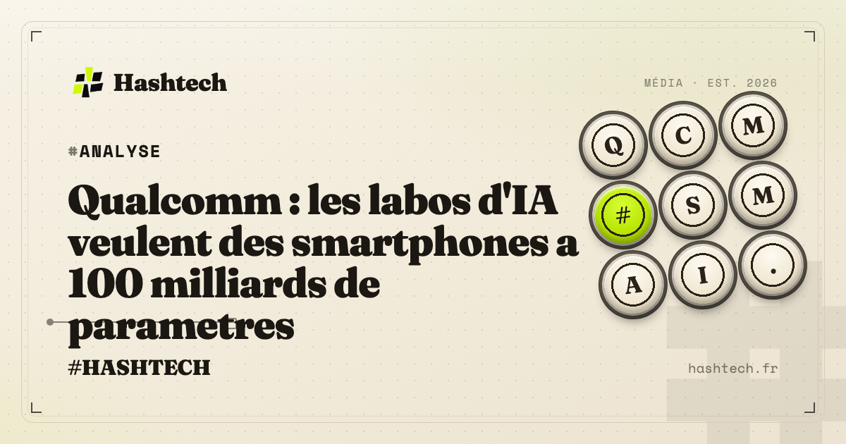 Illustration editoriale Hashtech : puce Snapdragon sur fond retro-tech creme, grille de parametres IA, clavier vintage lime