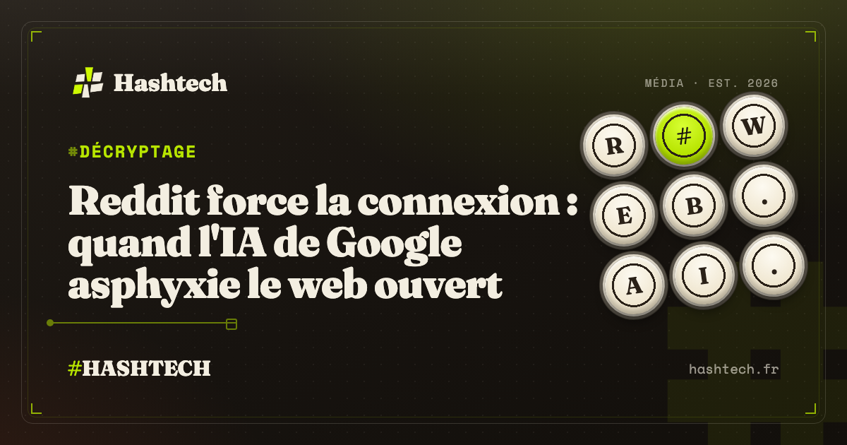 Illustration editoriale Hashtech : Reddit connexion obligatoire, Google AI Mode, trafic web organique, fin du web ouvert, fond retro-tech