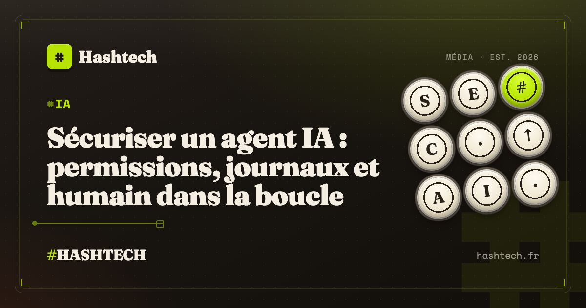 Illustration editoriale Hashtech : securite et garde-fous des agents IA, touches de clavier retro et symbole diese lime