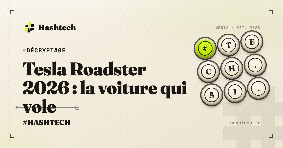 Illustration editoriale Hashtech : Tesla Roadster en vol avec thrusters SpaceX, McLaren, fond sombre tech vintage lime